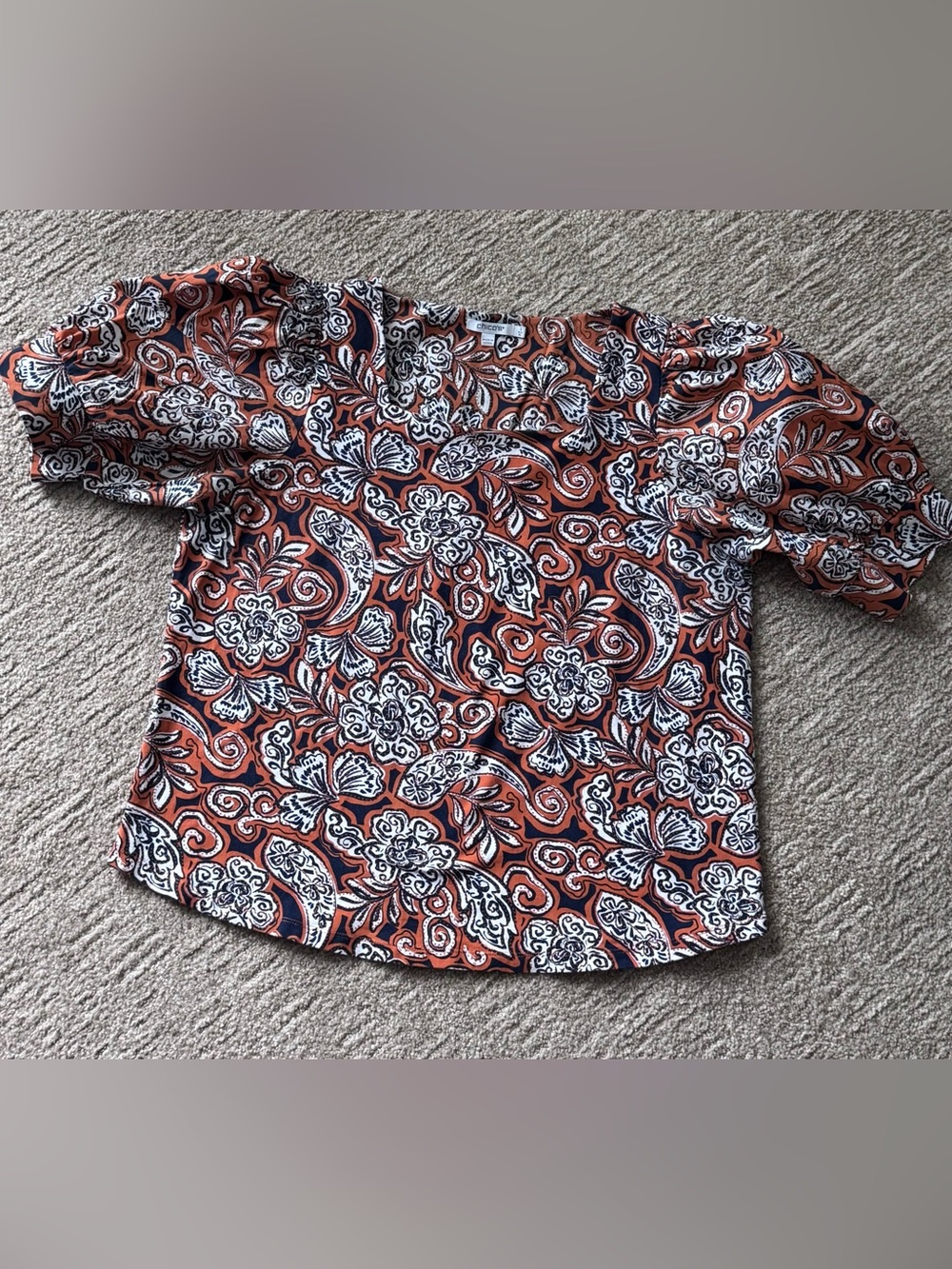 Chico's 3 paisley square neck puff sleeve blouse XL rust orange navy floral boho - Picture 4 of 9